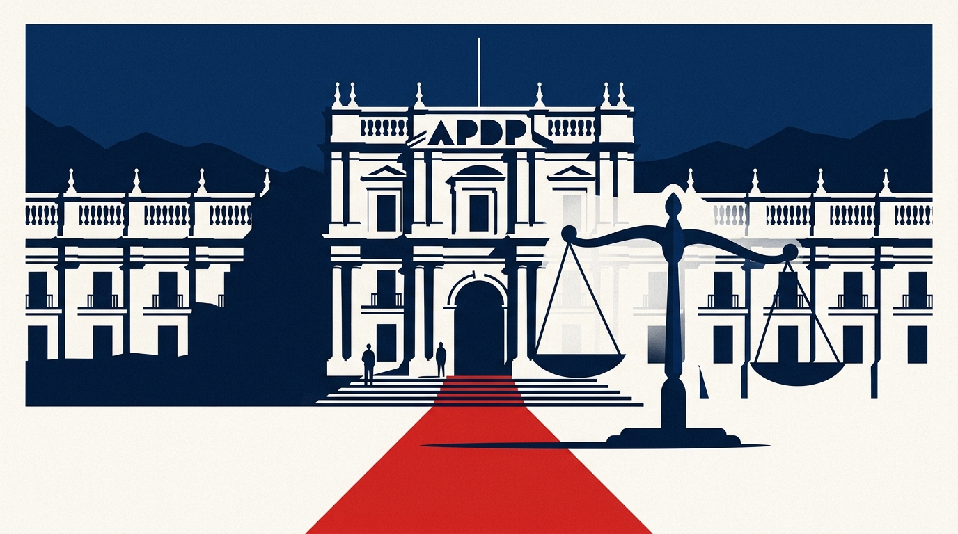 Ilustración editorial: un edificio gubernamental chileno estilo neoclásico con el letrero APDP y la balanza de la justicia, en paleta navy/roja de borra-me.