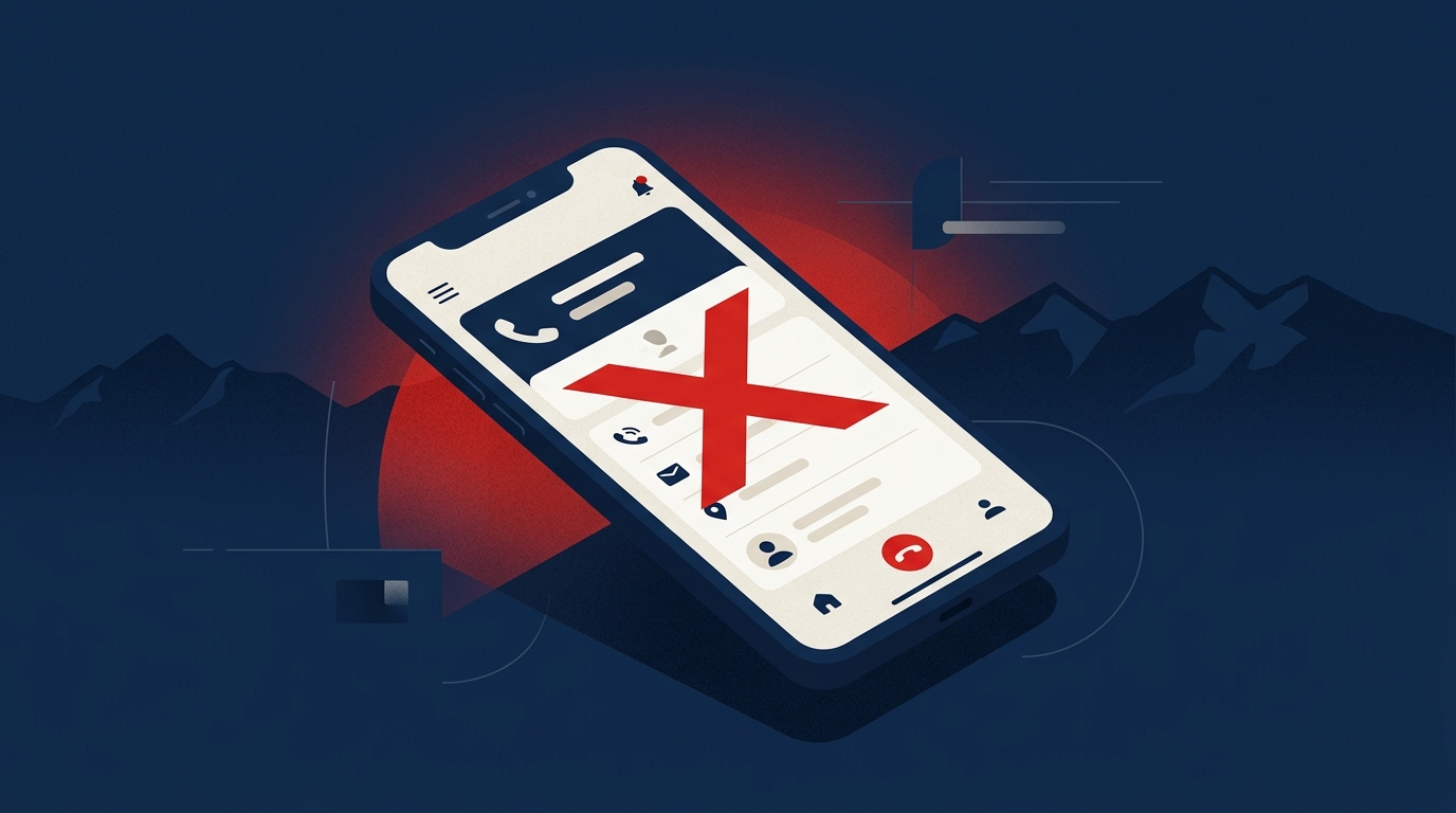 Ilustración editorial: pantalla del smartphone mostrando la app Mi Claro con un número siendo bloqueado, y el símbolo No Molestar del SERNAC al lado.