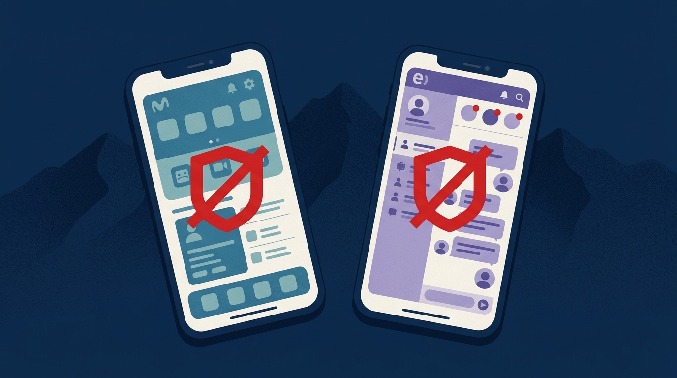 Ilustración editorial: dos smartphones lado a lado mostrando las apps Mi Movistar y Mi Entel con el filtro anti-spam activado.