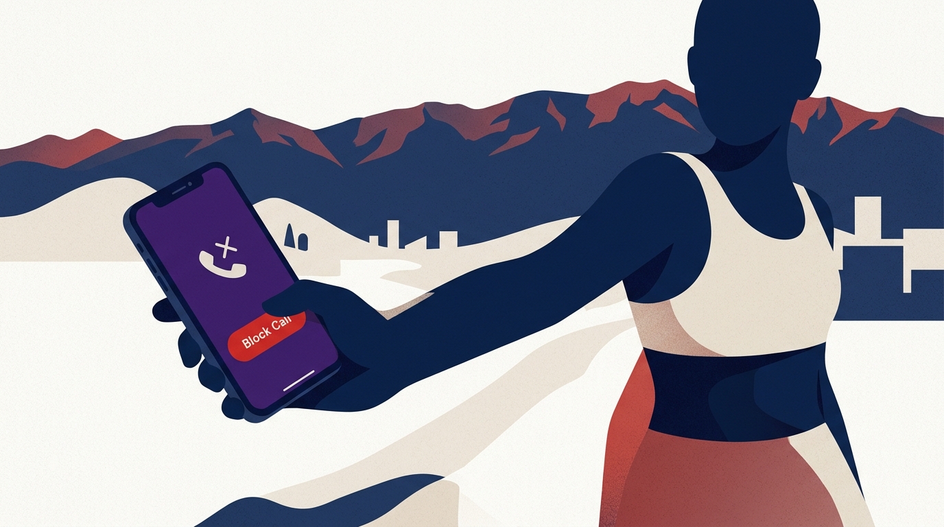 Ilustración editorial: pantalla de la app Mi WOM en un smartphone con un número siendo bloqueado, con el escudo No Molestar SERNAC.