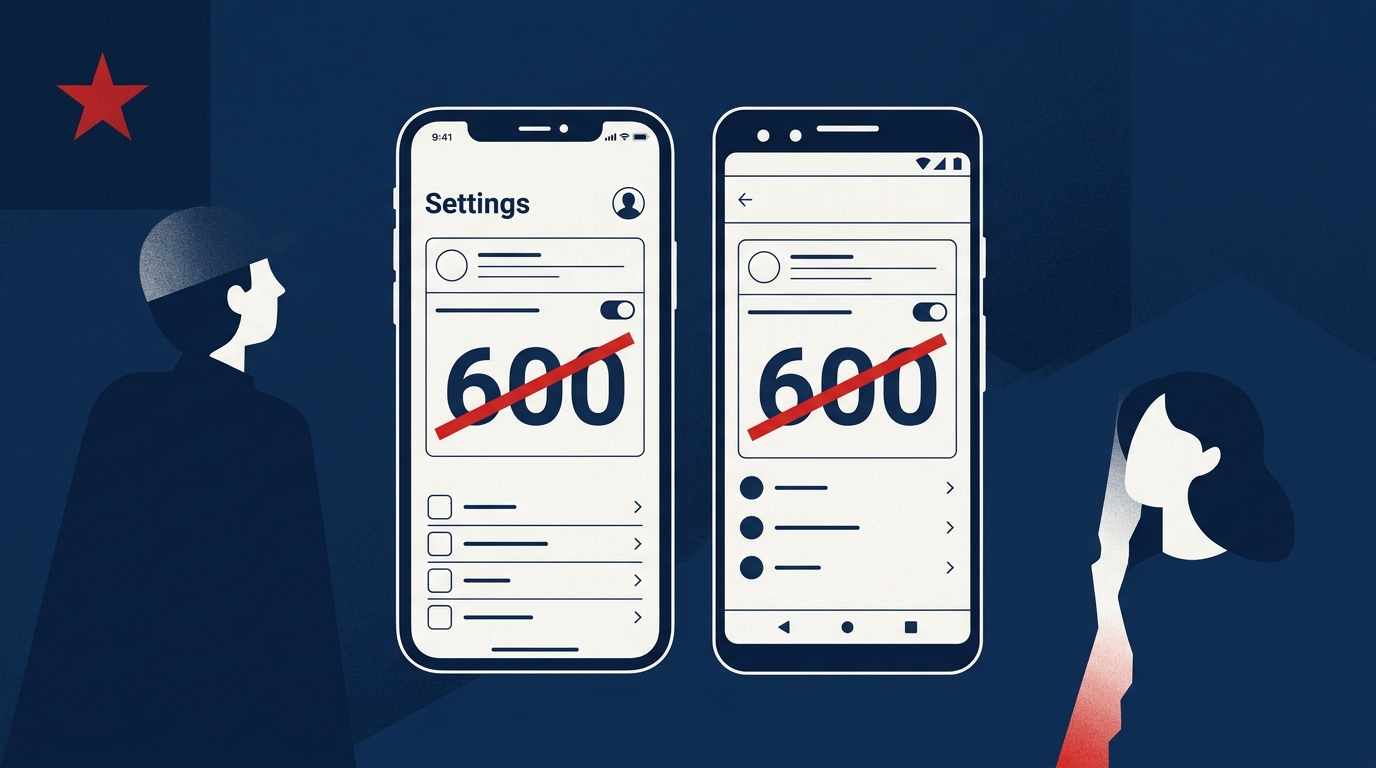 Ilustración editorial: un iPhone y un Android lado a lado mostrando pantallas de bloqueo del prefijo 600, con el escudo borra-me al fondo.