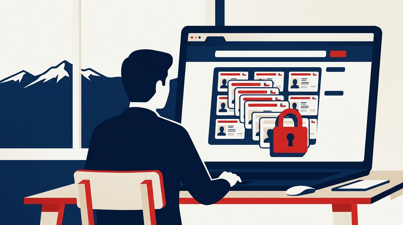 Ilustración editorial estilo borra-me: una persona chilena revisa en su laptop cómo aparece su RUT expuesto en múltiples rutificadores, con un candado y el escudo de la Ley 21.719 al lado.