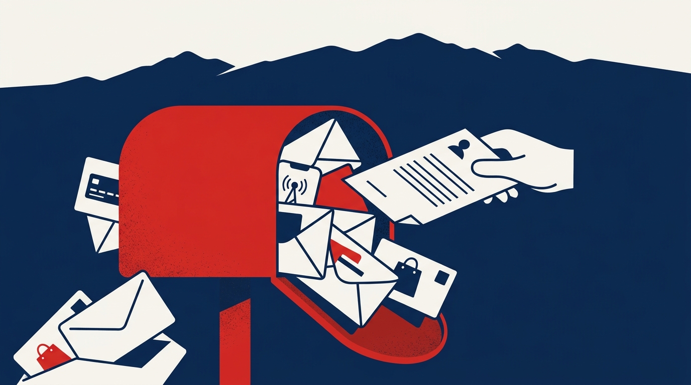 Ilustración editorial: un buzón chileno rebosante de folletos publicitarios de bancos, telcos y retail, con una mano firmando un documento ARCOP para detener el marketing.