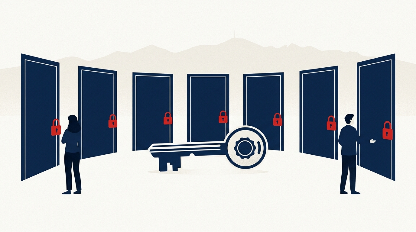 Ilustración editorial: siete sitios web chilenos representados como puertas idénticas con el logo de rutificador, siendo cerradas simultáneamente con solicitudes ARCOP.