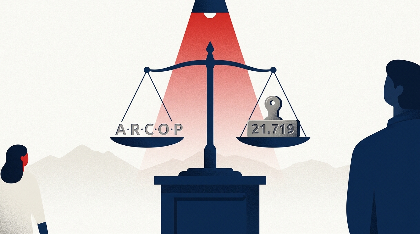 Ilustración editorial: una balanza de justicia sobre un fondo navy con las letras A·R·C·O·P grabadas y el sello de la Ley 21.719 chilena.