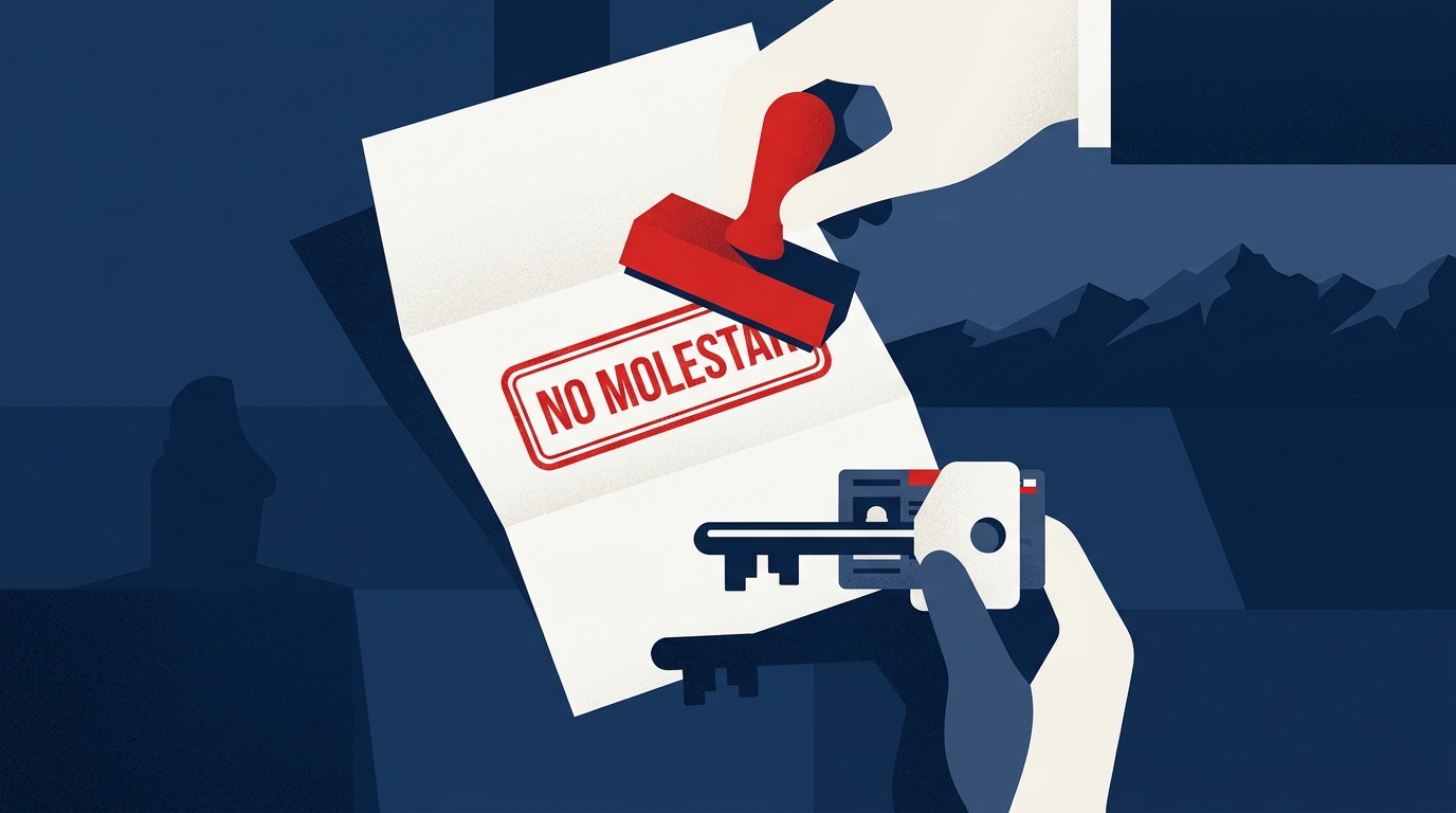 Ilustración editorial: el logo SERNAC junto a un formulario No Molestar sobre un fondo azul chileno, con un candado rojo y un reloj marcando 24 horas.