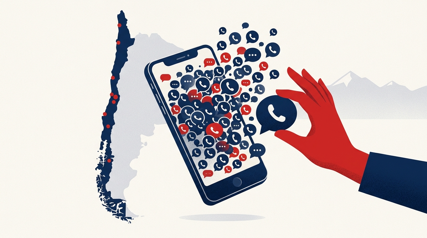 Ilustración editorial navy y rojo: un teléfono móvil rebosante de llamadas spam con un mapa de Chile detrás, apuntando a los call centers como fuente.