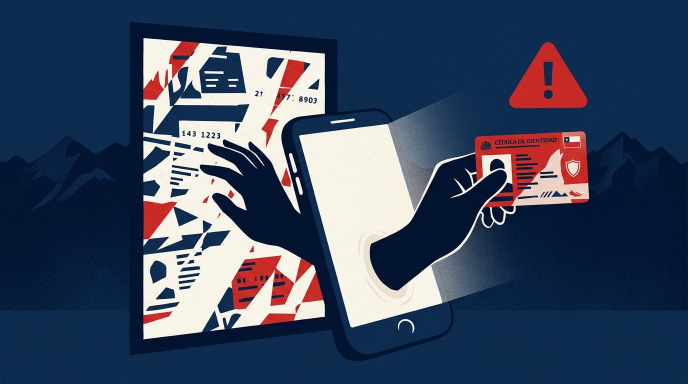 Ilustración editorial en tono rojo/navy: dos manos idénticas emergiendo de la pantalla de un teléfono, una sostiene una cédula chilena, evocando la suplantación de identidad.